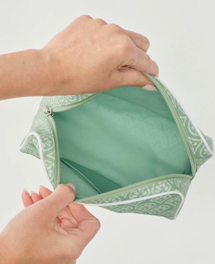 Medium Patterned Toiletry Bag | Green Block Print