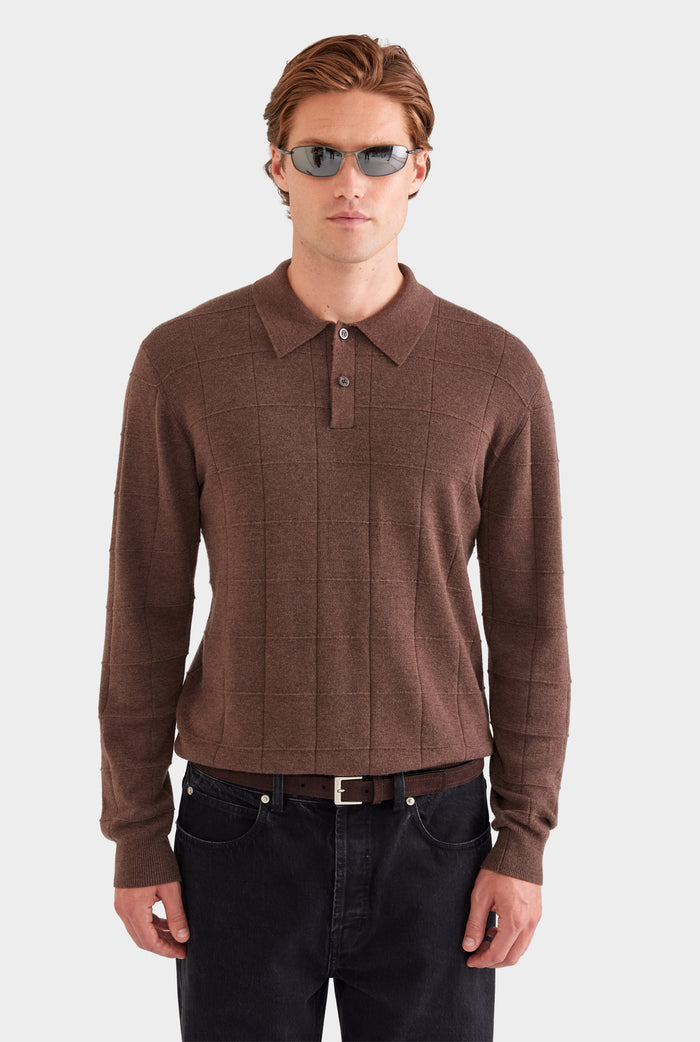 Merino Wool Check Knit Polo - Chocolate Marl