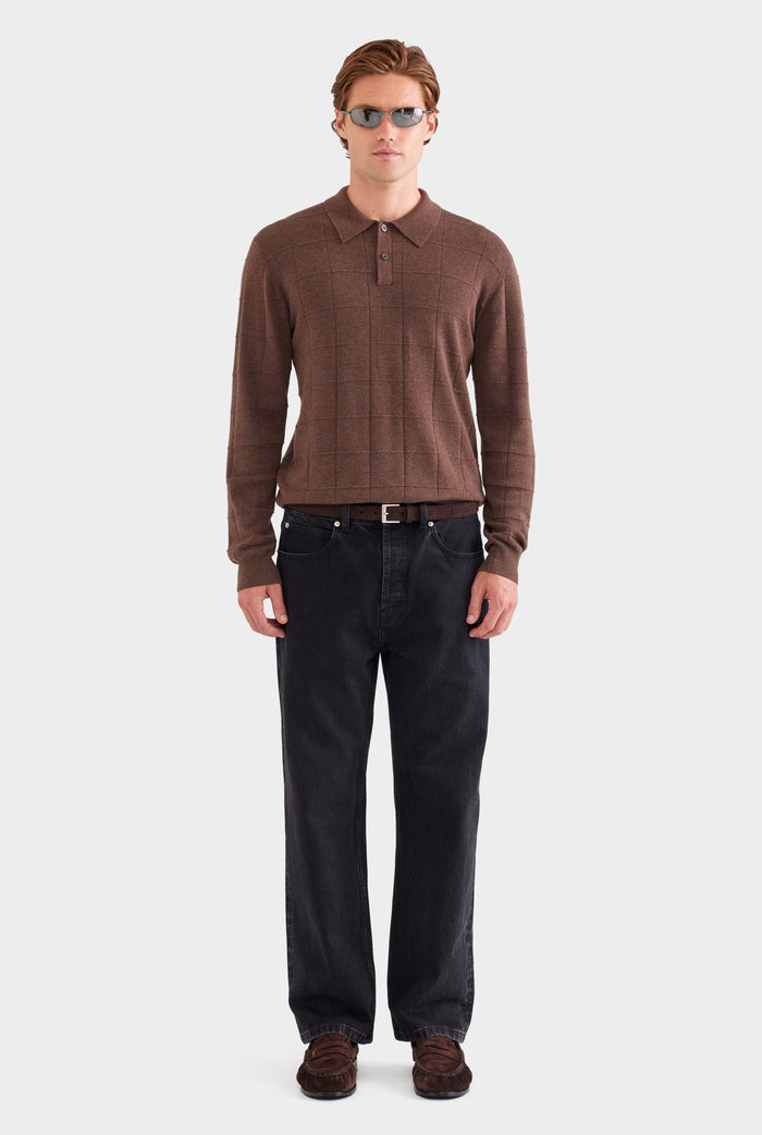 Merino Wool Check Knit Polo - Chocolate Marl
