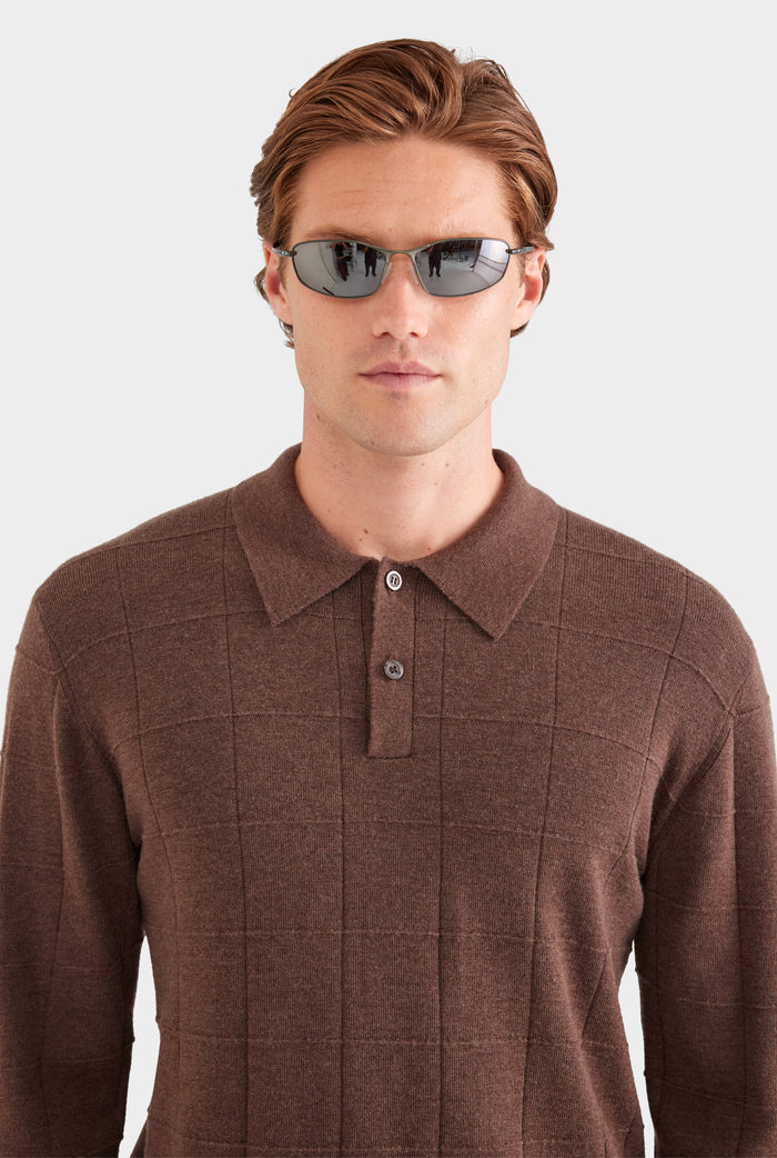 Merino Wool Check Knit Polo - Chocolate Marl