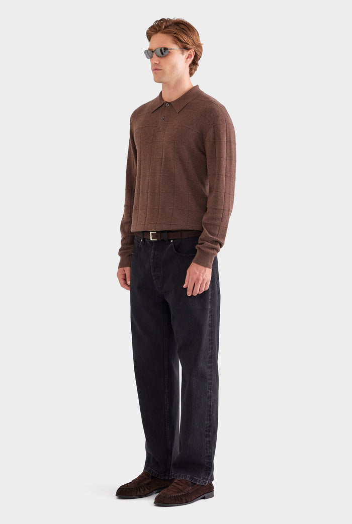 Merino Wool Check Knit Polo - Chocolate Marl