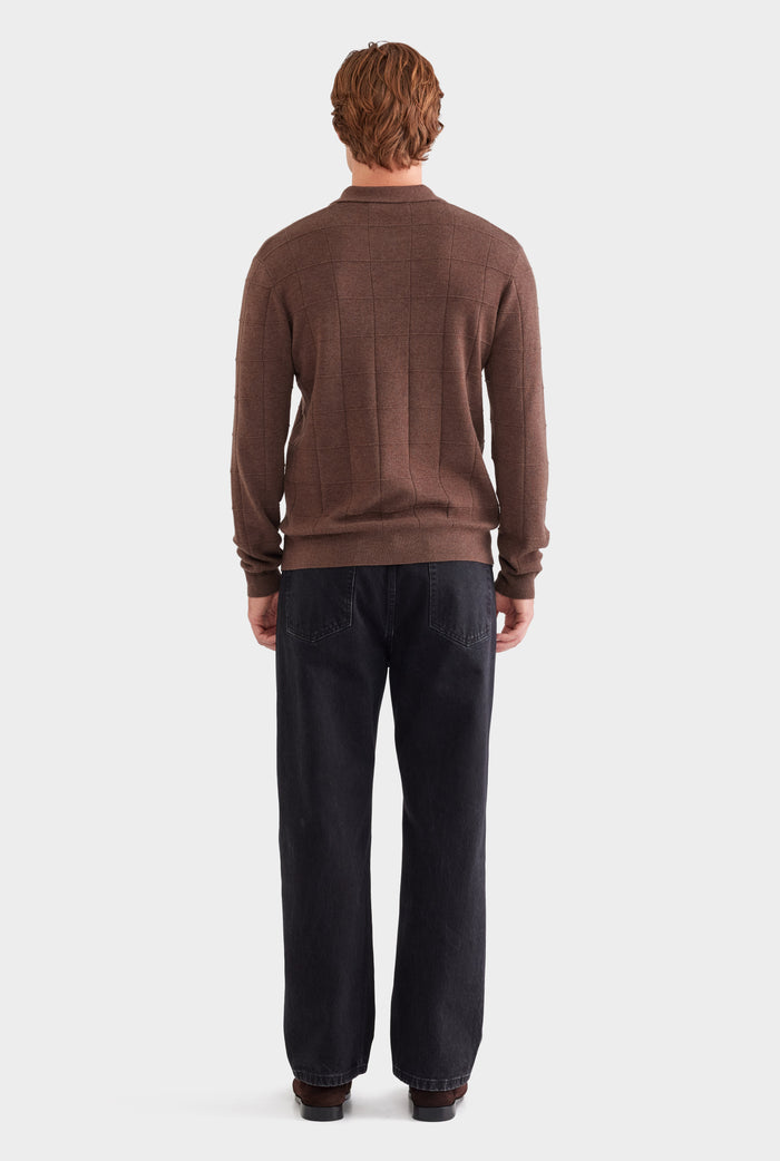 Merino Wool Check Knit Polo - Chocolate Marl