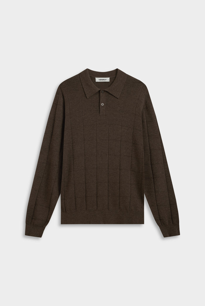 Merino Wool Check Knit Polo - Chocolate Marl