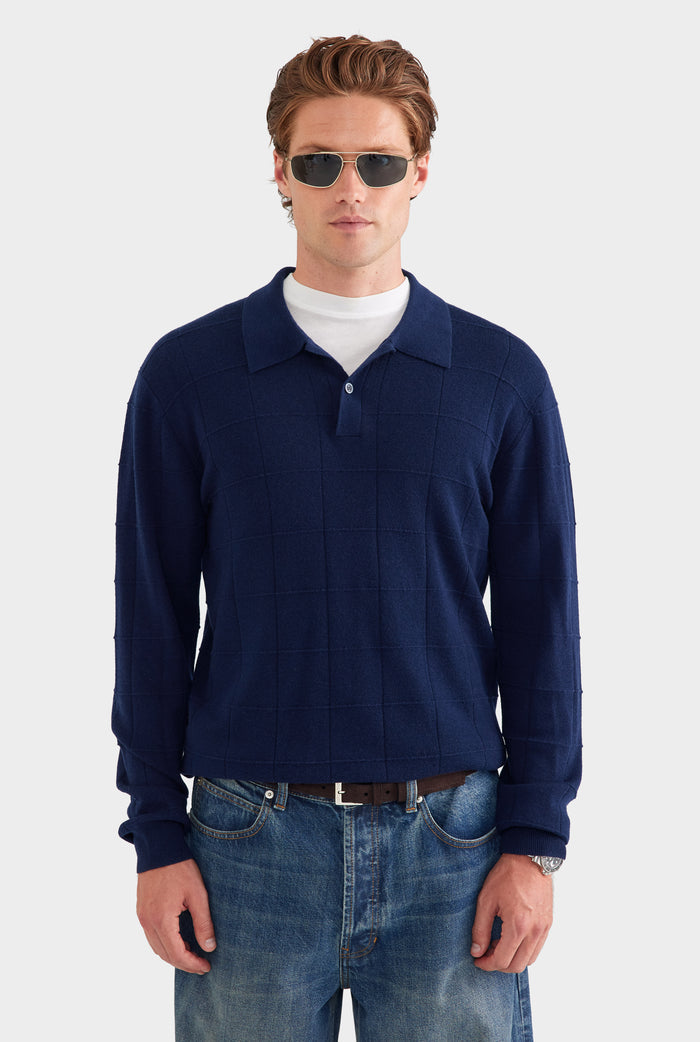 Merino Wool Check Knit Polo - Navy