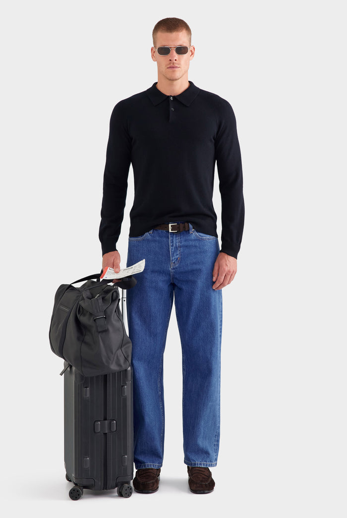 Merino Wool Knit Polo - Black