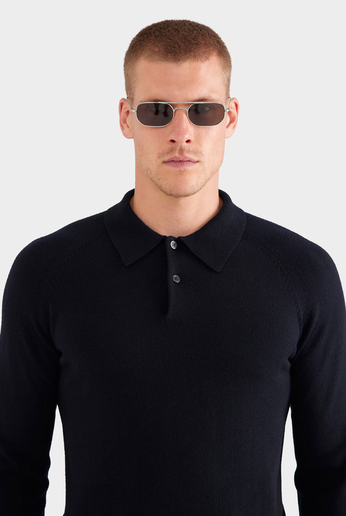 Merino Wool Knit Polo - Black