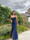 Navy Blue Long Prom Dress with Slit Elegant Evening Party Dress