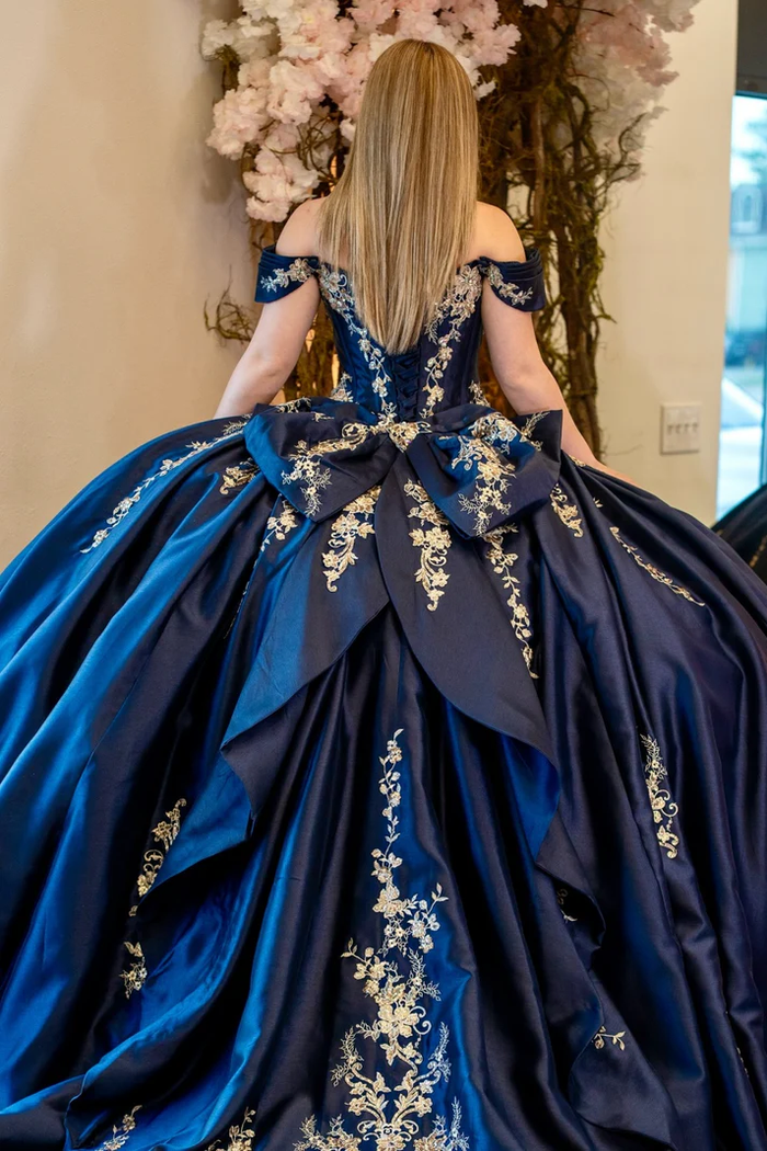 Off Shoulder Sleeveless Beaded Gold Appliques Bow Knot Navy Quinceañera Dress