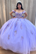 Off Shoulder Sleeveless Beaded Sequins Appliques Bow Knot Lilac Sweet 15 Quinceañera Dress