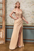 Off the Shoulder Floral Sheath Slit Women Gown by Cinderella Divine CD0186 - Special Occasion/Curves