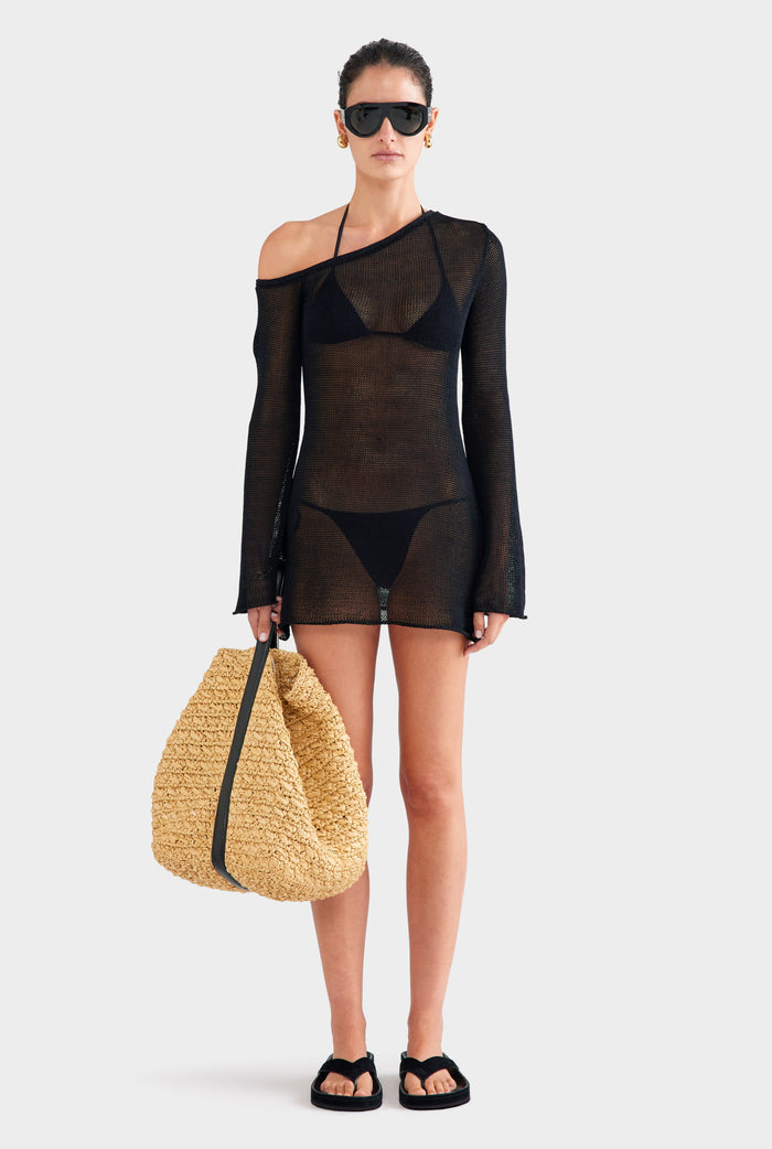 One Shoulder Open Knit Mini Dress - Black