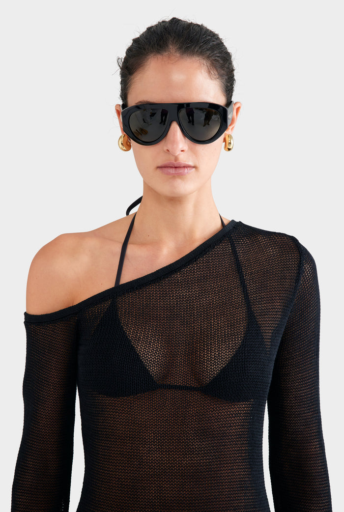 One Shoulder Open Knit Mini Dress - Black