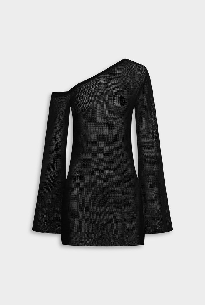 Venroy One Shoulder Open Knit Mini Dress - Black