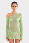 One Shoulder Open Knit Mini Dress - Green/Blue Marl