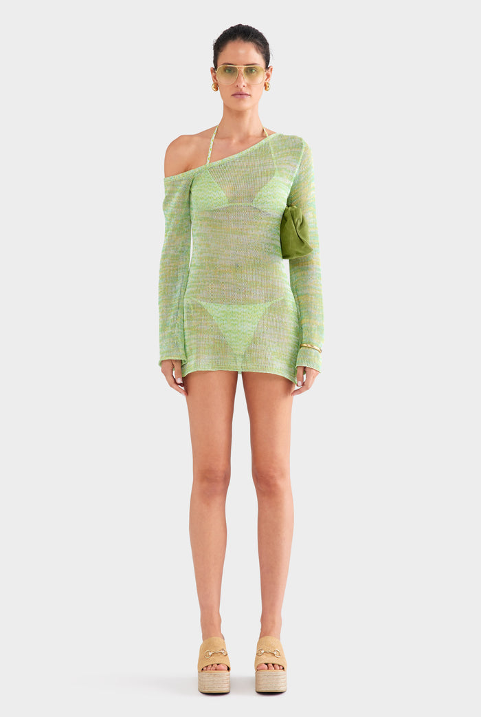 One Shoulder Open Knit Mini Dress - Green/Blue Marl