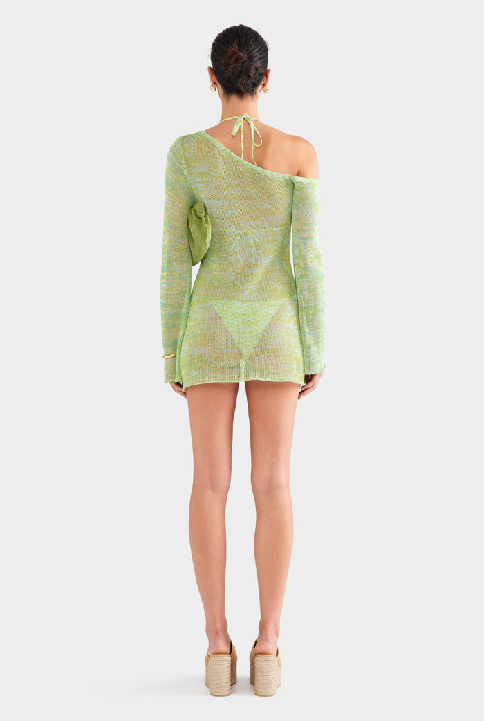 One Shoulder Open Knit Mini Dress - Green/Blue Marl