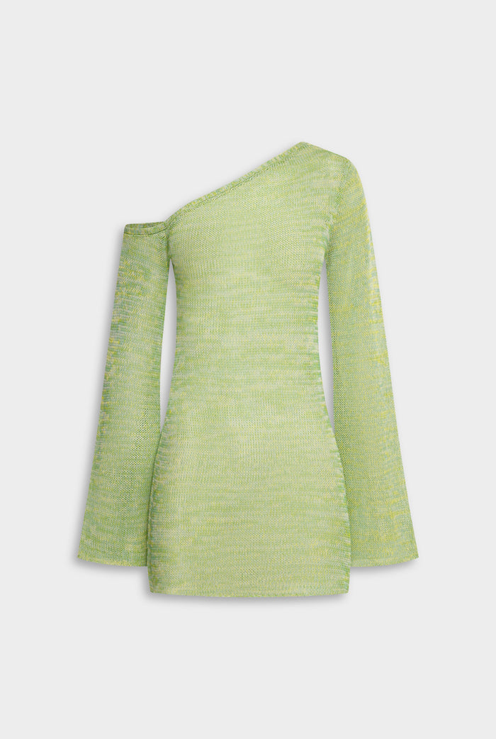 Venroy One Shoulder Open Knit Mini Dress - Green/Blue Marl