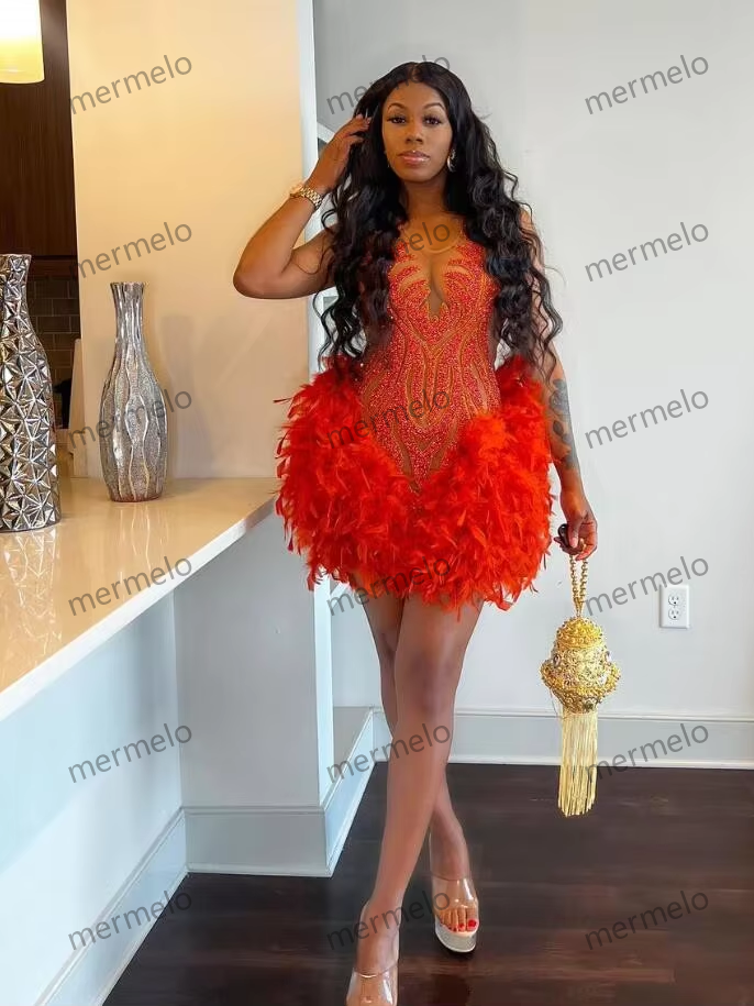 Orange Sparkly Short Prom Formal Dresses for Black Girl Luxury Diamond