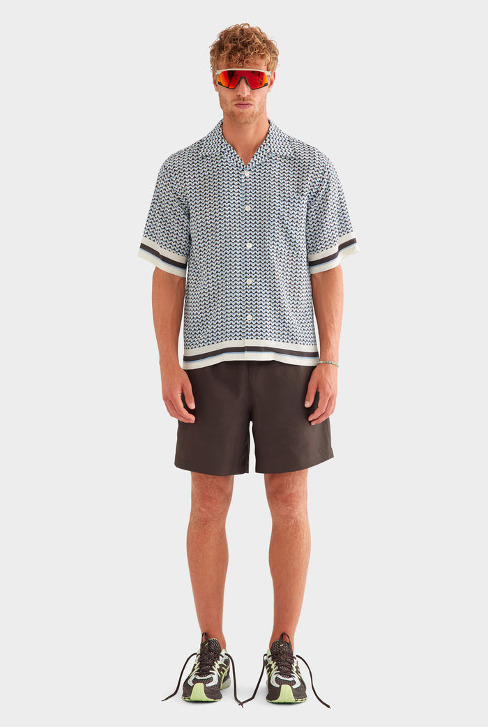 Oversized Silk Short Sleeve Shirt - Chocolate/Powder Blue V Monogram