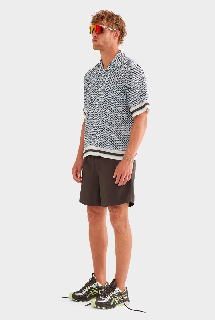 Oversized Silk Short Sleeve Shirt - Chocolate/Powder Blue V Monogram