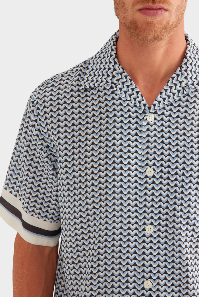 Oversized Silk Short Sleeve Shirt - Chocolate/Powder Blue V Monogram