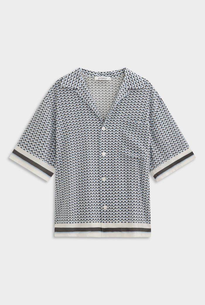 Oversized Silk Short Sleeve Shirt - Chocolate/Powder Blue V Monogram
