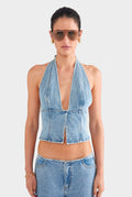 Panelled Denim Halter Top - Light Blue