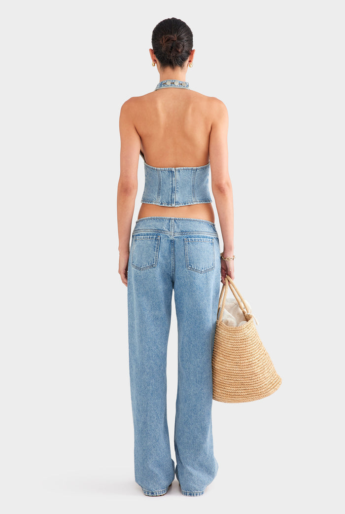 Panelled Denim Halter Top - Light Blue