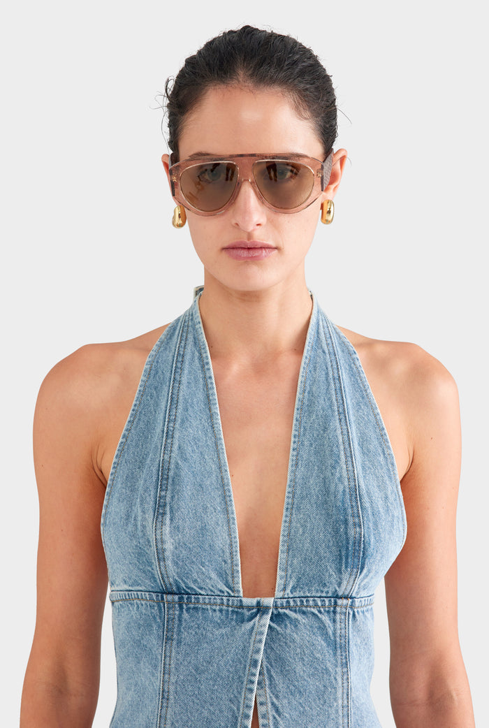 Panelled Denim Halter Top - Light Blue