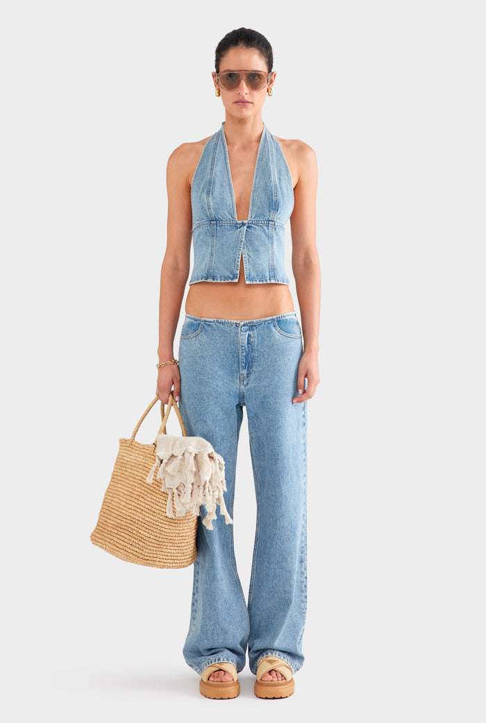 Panelled Denim Halter Top - Light Blue