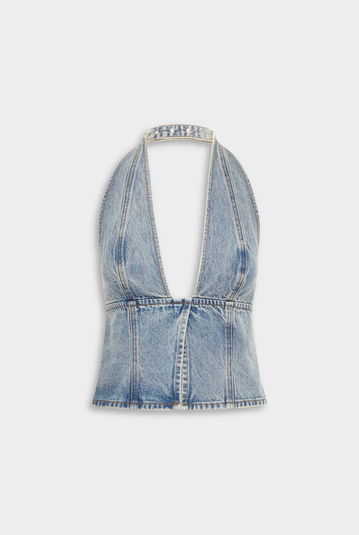 Venroy Panelled Denim Halter Top - Light Blue