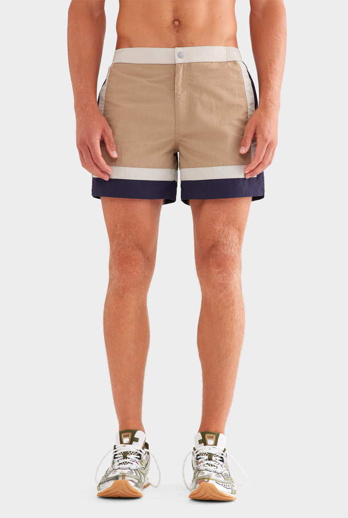 Panelled Snaplock Swim Short - Taupe/Navy/Cream