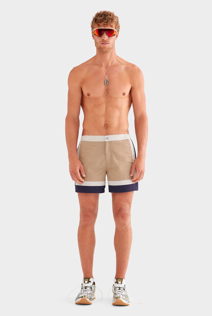 Panelled Snaplock Swim Short - Taupe/Navy/Cream