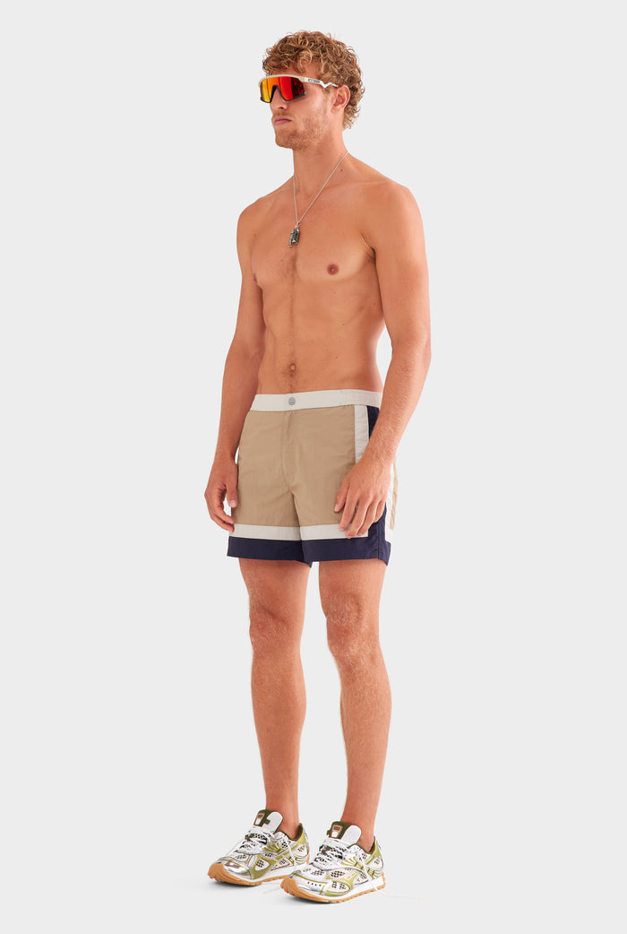 Panelled Snaplock Swim Short - Taupe/Navy/Cream
