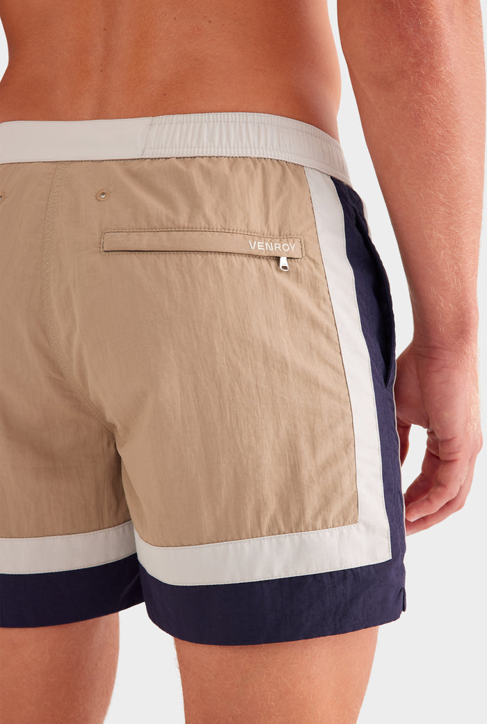 Panelled Snaplock Swim Short - Taupe/Navy/Cream