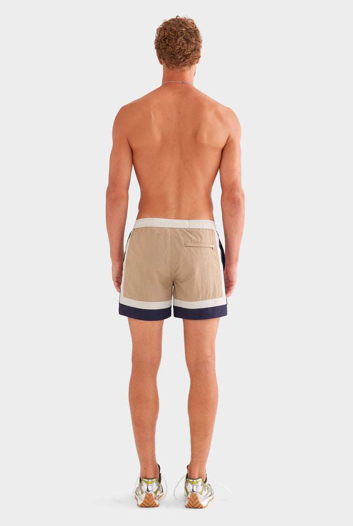 Panelled Snaplock Swim Short - Taupe/Navy/Cream