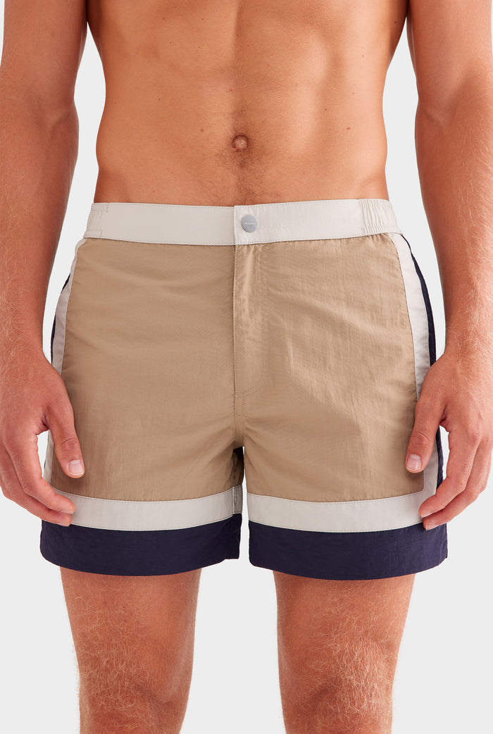 Panelled Snaplock Swim Short - Taupe/Navy/Cream