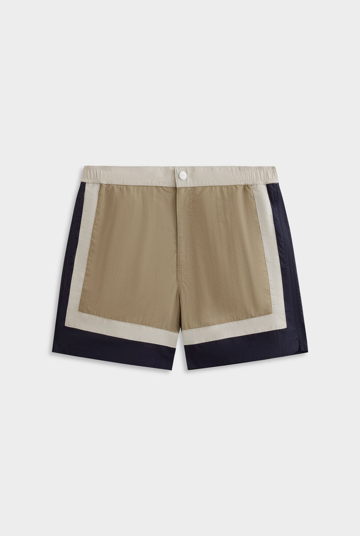 Panelled Snaplock Swim Short - Taupe/Navy/Cream