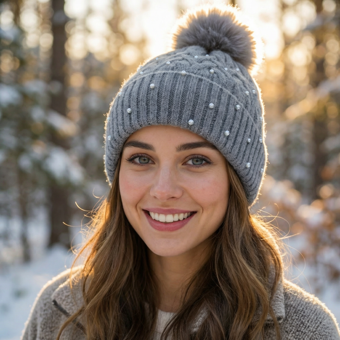 Pearl Faux fur PomPom Hat - Silver Grey