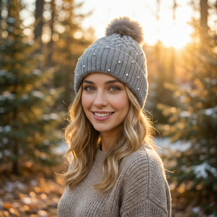Pearl Faux fur PomPom Hat - Silver Grey