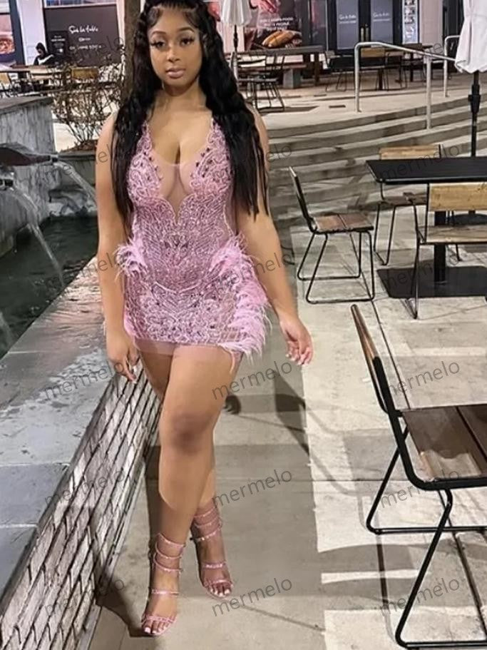 Pink Baddie Prom Dress With Feather Mini Short See Through Cokctail Dress Black Girls Holiday Evening Party