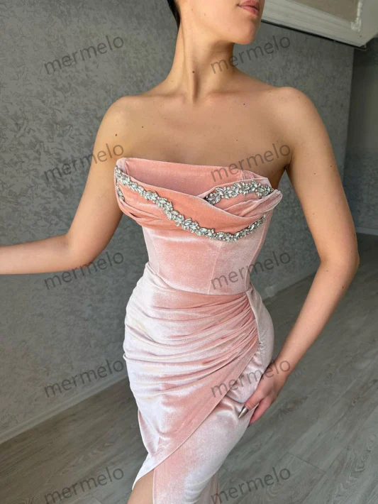 Pink Velvet Strapless Sleeveless Prom Dress with Beadings and Slit
