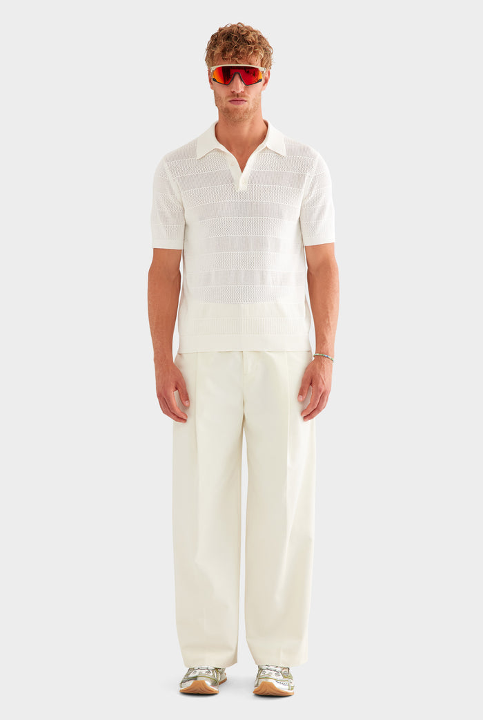 Pointelle Stripe Cotton Polo - Off White