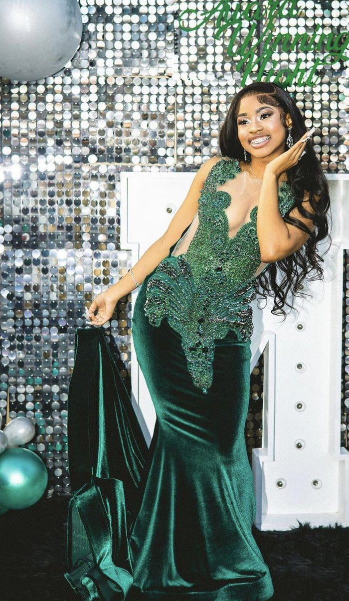 Pretty Mermaid V Neckline Green Velvet Silver Beads Long Prom Dresses Formal Evening Dress
