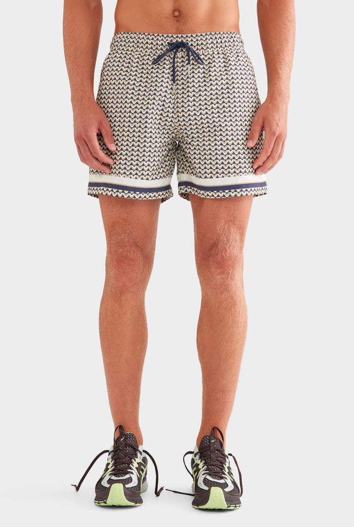 Printed Swim Short - Navy/Beige V Monogram