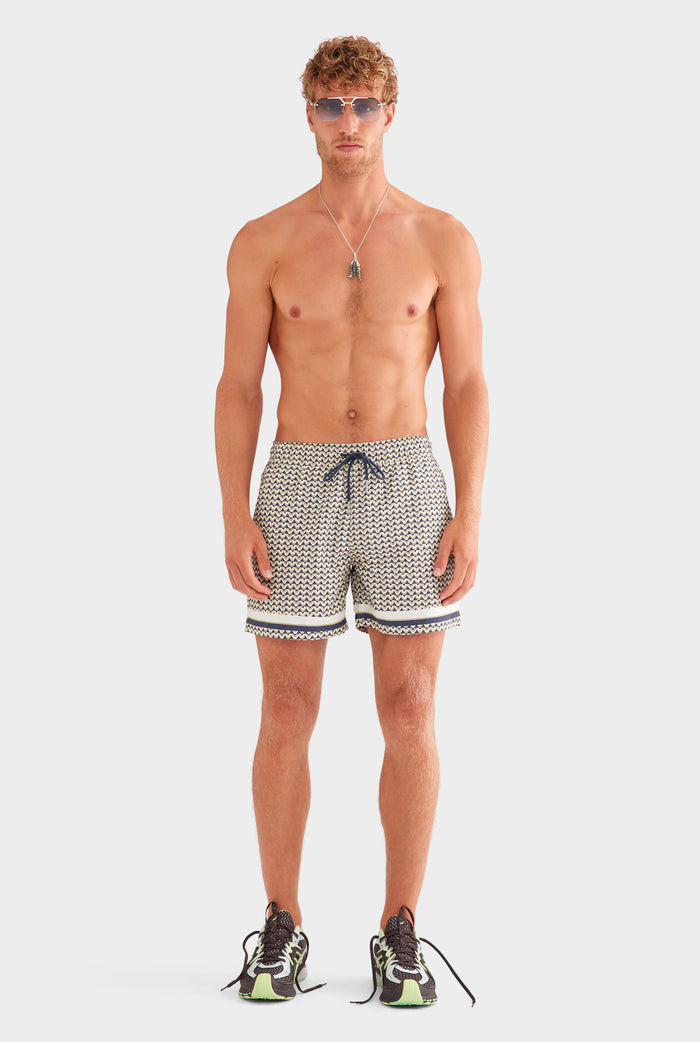 Printed Swim Short - Navy/Beige V Monogram