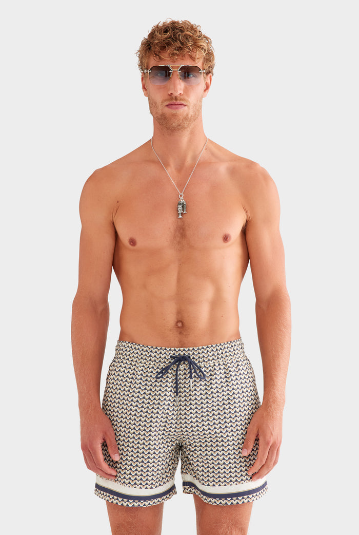 Printed Swim Short - Navy/Beige V Monogram