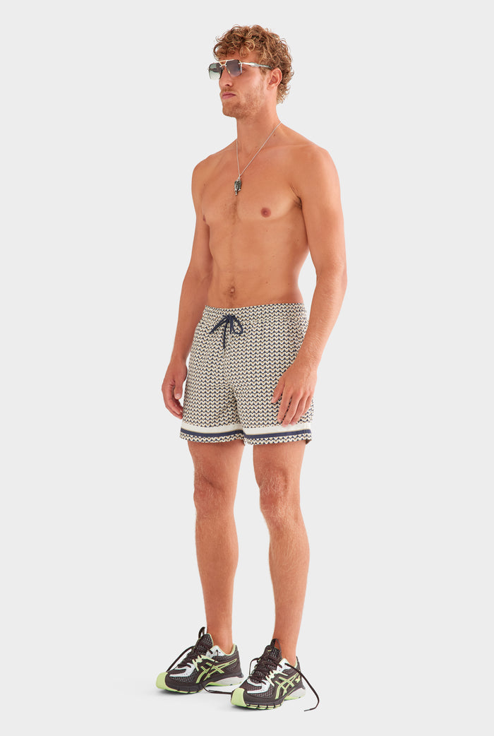 Printed Swim Short - Navy/Beige V Monogram
