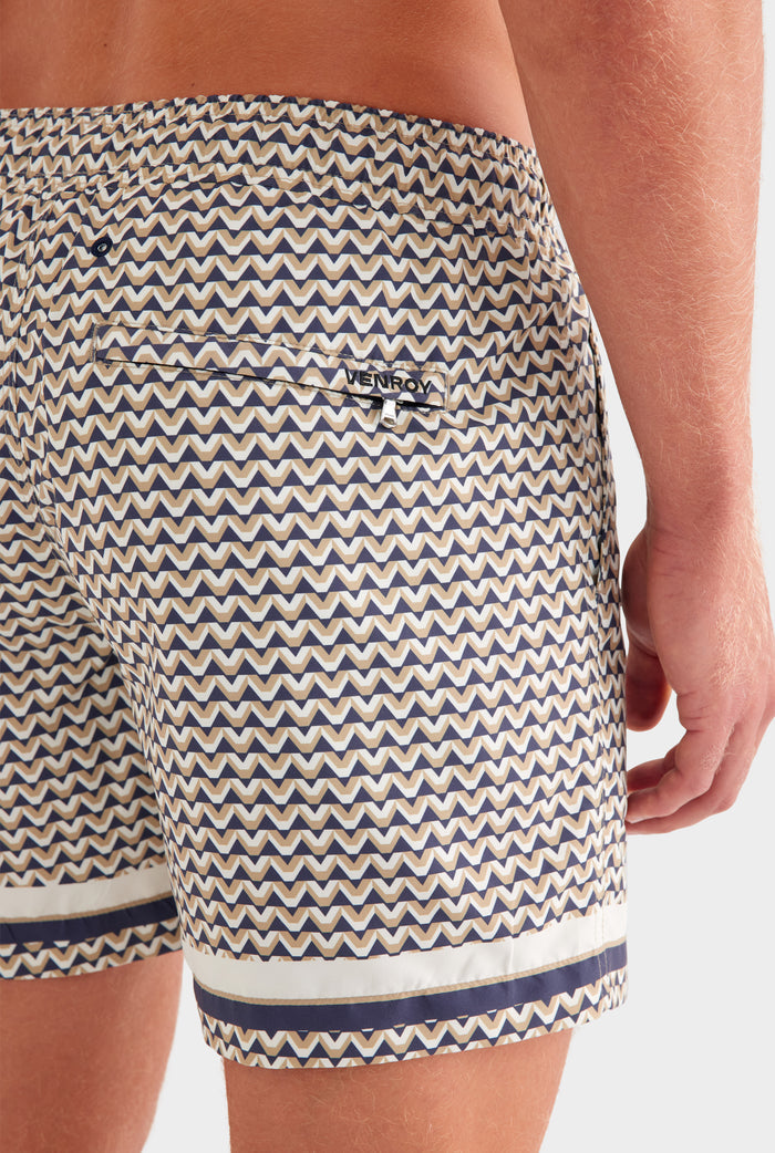 Printed Swim Short - Navy/Beige V Monogram
