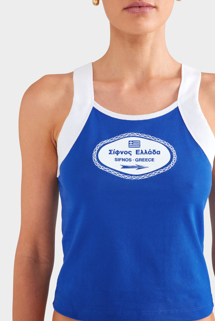 Printed Wide Strap Tank - Bright Blue/White